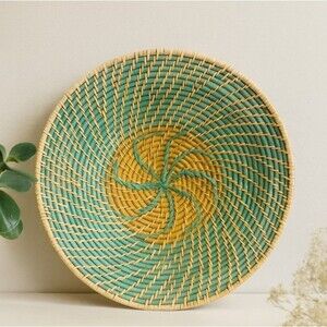 18" Wolof Senegal Basket Wall Plate – Handwoven Cattail & Turquoise Coil
